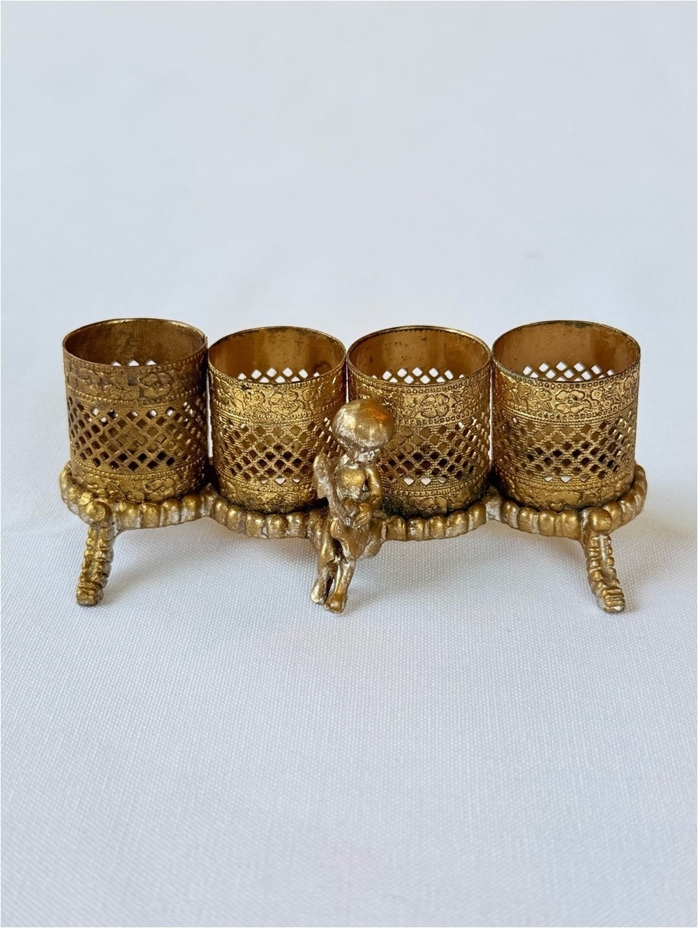 Vintage Gold Filigree Lipstick Holder | Cherub Makeup Holder | Regency Decor